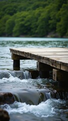 Poster - Empty wooden jetty over flowing water in front of green blurred background