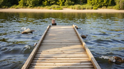 Poster - Empty wooden jetty over flowing water in front of green blurred background
