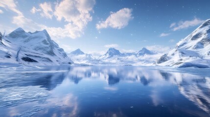 Aufkleber - 氷結した湖と雪山 青い空と雲の下で静寂と美しさのある冬の風景