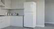 © Candra - AI image integrates a standard white refrigerator seamlessly into a contemporary kitchen corner with white cabinets, grey countertops, and matching walls.