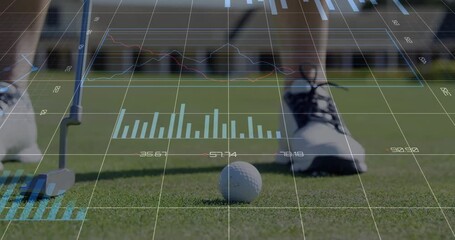 Poster - woman golfer drawing putter back behind ball on green, displaying data overlays for golf technology