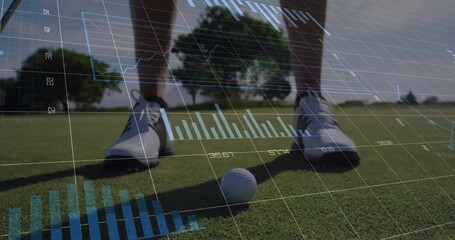 Poster - Male golfer positioning feet around golf ball on green, overlaying sports analytics charts