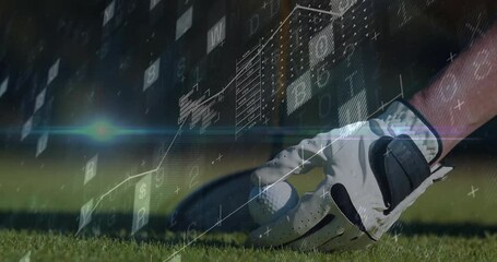 Poster - Gloved hand lifting golf ball on pristine green, blending futuristic chart data and currency icons