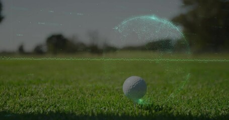 Poster - Displaying sports technology scene showing golf ball resting on tee on green grass with data arcs