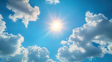 Poster - a vibrant midday sky with the sun shining at its peak, casting bright rays through scattered clouds.