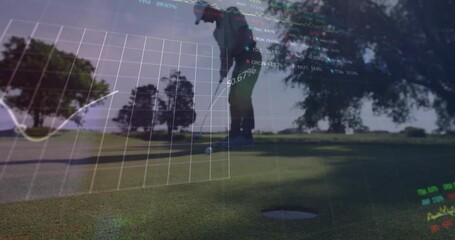 Poster - Male golfer lining up putt on golf green, integrating live finance line charts and stock symbols