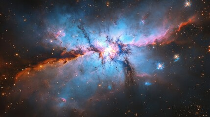 Poster - a vibrant starburst galaxy, with intense stellar formations glowing in shades of blue, pink, and pur