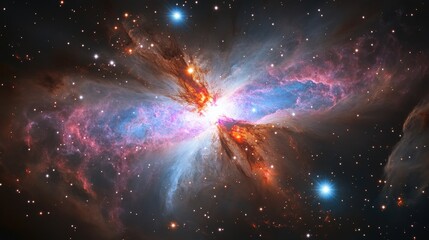 Poster - a vibrant starburst galaxy, with intense stellar formations glowing in shades of blue, pink, and pur
