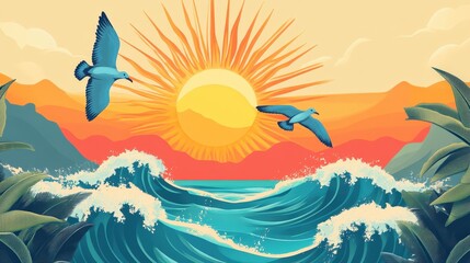 Poster - a vibrant summer design with a bright sun, ocean waves, seagulls, and a scenic beach landscape.