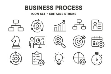 Poster - Vector icon set displaying various elements related to business processes, including workflows, analysis, and planning tools
