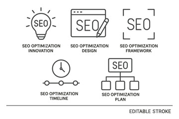 Poster - Vector icon set illustrating various aspects of SEO optimization including innovation, design, framework, timeline, and planning