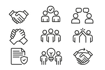 Poster - Vector icon set illustrating teamwork, collaboration, and communication in business environments