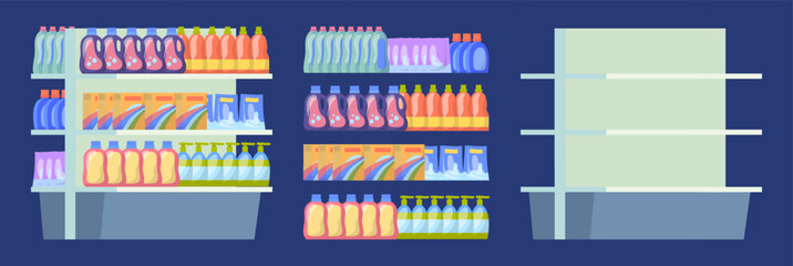 Poster - Cartoon Color Empty and Full Supermarket Shelving with Cleaning Products Set Concept Flat Design Style. Vector illustration