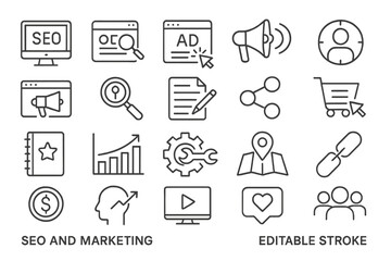 Poster - Vector icon set showcasing digital marketing tools and methods for enhancing online presence