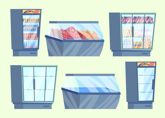 Poster - Cartoon Color Empty and Full Supermarket Refrigerator with Products Set Concept Flat Design Style. Vector illustration