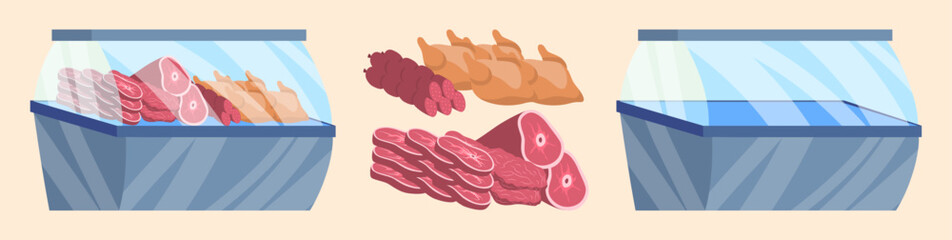 Poster - Cartoon Color Empty and Full Supermarket Refrigerator with Meat Set Concept Flat Design Style. Vector illustration