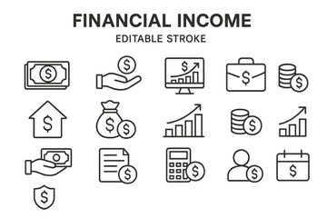 Poster - Vector icon set featuring financial income symbols including cash, charts, and business tools for budgeting and finance
