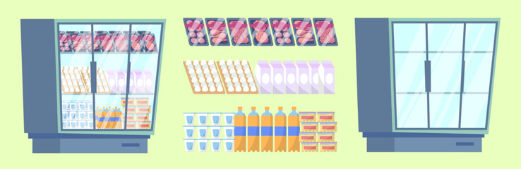 Poster - Cartoon Color Empty and Full Supermarket Refrigerator with Meals Set Concept Flat Design Style. Vector illustration