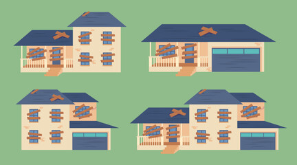 Poster - Cartoon Color Different Dilapidated House Set Abandoned Building Concept Flat Design Style. Vector illustration of Old Weathered Houses