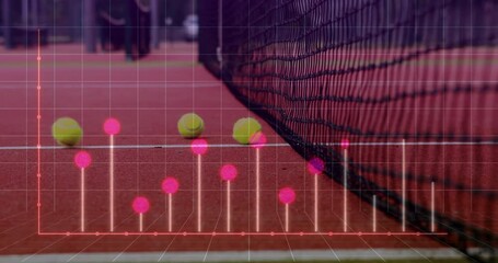 Poster - Tennis balls clustering near net on clay court, 3D render overlay showing neon data grid visuals
