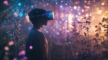 Leinwandbilder - A virtual reality-inspired tech landscape featuring floating data particles and immersive digital layers