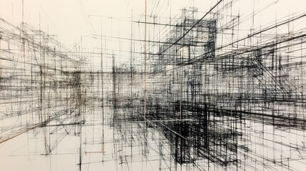 Poster - A visually striking abstract site where scaffolding and steel frames intertwine into a complex web of lines