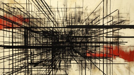 Poster - A visually striking abstract site where scaffolding and steel frames intertwine into a complex web of lines