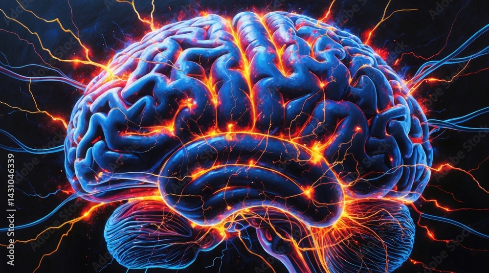 Ilustração Artwork depicting a human brain showing vibrant electrical ...