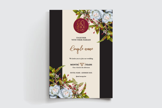 WEDDING INVITATION FRAME WITH FLOWER DECORATIONS AND FRESH LEAVES