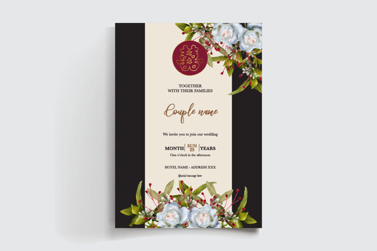 WEDDING INVITATION FRAME WITH FLOWER DECORATIONS AND FRESH LEAVES