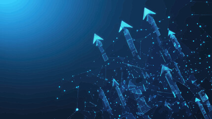 Poster - abstract growing arrows up graph chart on technological blue wireframe background, polygonal finance