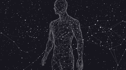 Poster - Low Poly Wireframe Man in Starry Space - Futuristic Vector Illustration, Abstract Mesh Line Minimalist Design