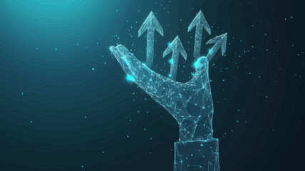 Poster - abstract digital businessman hand with rising arrows in futuristic low poly wireframe style on blue 