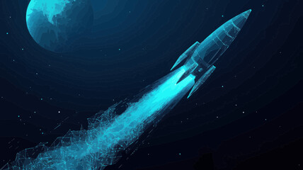 Poster - Digital Rocket in Orbit around Earth - Abstract Light Blue Technological Background - Low Poly Wireframe Spacecraft with 3D Effect - Polygonal Science Art for Space Exploration and Technology Concepts