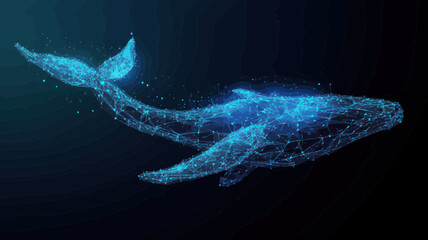 Poster - Polygonal Blue Whale in Digital Low Poly Style, Marine Animal Concept with Starry Sky Background, Wireframe Light Connection Structure Illustration