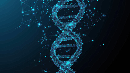 Poster - Abstract Polygonal DNA Structure in Vector Mesh Spheres, Thin Line Minimalist Style, Flying Debris Concept, Blue Tone, Medical and Scientific Illustration