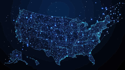 Poster - USA Map in Starry Sky Vector - Abstract Wireframe with Planets, Stars and Universe - Minimalist Flat Design