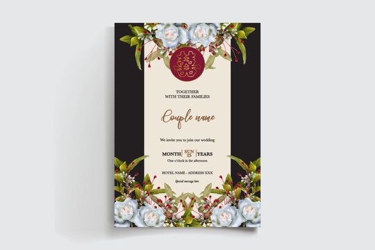WEDDING INVITATION FRAME WITH FLOWER DECORATIONS AND FRESH LEAVES