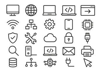 Leinwandbilder - Vector icon set representing digital technology and internet tools for a modern workspace environment with various devices and symbols