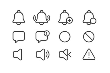 Leinwandbilder - Vector icon set featuring notification symbols for alerts, messages, sound controls, and warnings in a minimalist style