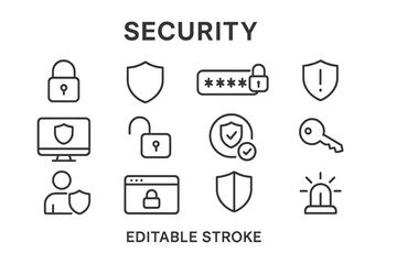 Poster - Vector icon set representing various aspects of security, including locks, shields, and alerts to emphasize digital safety and protection measures