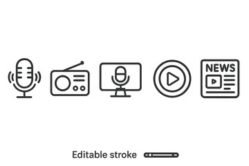 Poster - Vector icon set featuring microphone, radio, monitor, play button, and news article design elements for digital communication