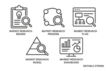 Poster - Vector icon set depicting various elements of market research processes and tools with clear line art design for easy understanding