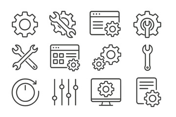 Poster - Icon set featuring gears and tools for enhancing mechanical and digital functionality