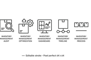 Poster - Vector icon set showcasing various aspects of inventory management including audit, optimization, dashboard, and process flow