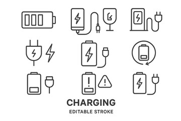 Poster - Vector icon set featuring various charging symbols and battery designs for technology and energy themes