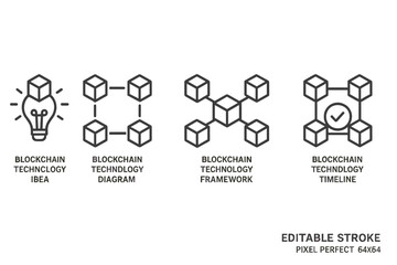Poster - Vector icon set illustrating blockchain technology concepts including ideas, diagrams, frameworks, and timelines