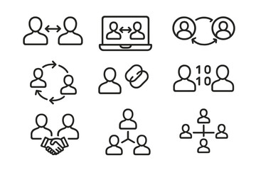 Poster - Vector icon set depicting various aspects of user interaction, communication, and collaboration in a digital workspace