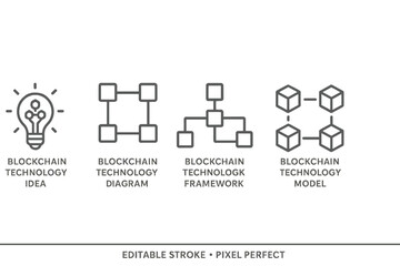 Poster - Vector icon set showcasing blockchain technology concepts including idea, diagram, framework, and model for digital applications