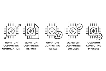 Poster - Vector icon set displaying various aspects of quantum computing including optimization, reports, reviews, success, and process